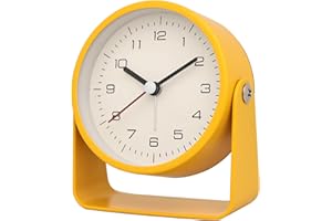Maxspace 3" Analog Alarm Clock - Silent Non Ticking Small Clock, Rotatable Stand Metal Desk Clock, Simple Design for Living Room Decor/Bedroom/Bedside/Shelf (Yellow)