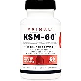 Primal KSM-66 Ashwagandha Complex (60 Capsules / 60 Servings, 600 mg Per Serving) - KSM-66 Ashwagandha with Black Pepper Extract, Gluten Free, Non-GMO