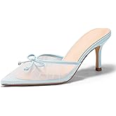 Coutgo Womens High Heels Mules Bow Closed Pointed Toe Pumps Pleated Slip On Dress Shoes