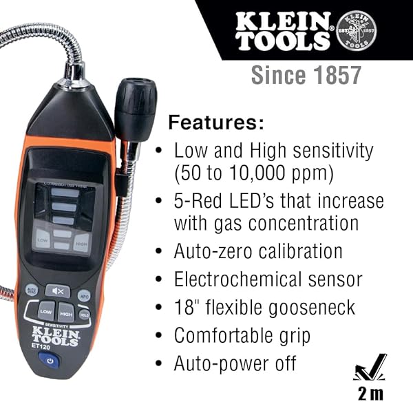 KLEIN TOOLS ET120 GAS LEAK DETECTOR, COMBUSTIBLE GAS LEAK TESTER WITH 18-INCH GOOSENECK HAS RANGE 50-10,000 PPM, INCLUDES POUCH, BATTERIES