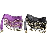 Hitopin 2 Pieces Belly Dance Hip Scarf, Belly Dancing Skirt with 128 Gold Coins, Belly Dance Hip Skirt, Belly Dancing Skirt Hip Scarves, for Belly Dance Yoga Class, Women (Black, Purple)