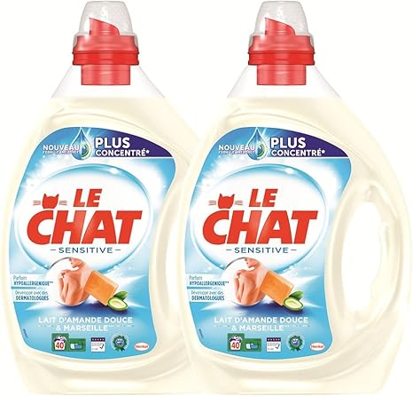 Le Chat Sensitive Lessive Liquide Lait Damande Douce Et Marseille 80 Lavages Lot De 2 X 2l