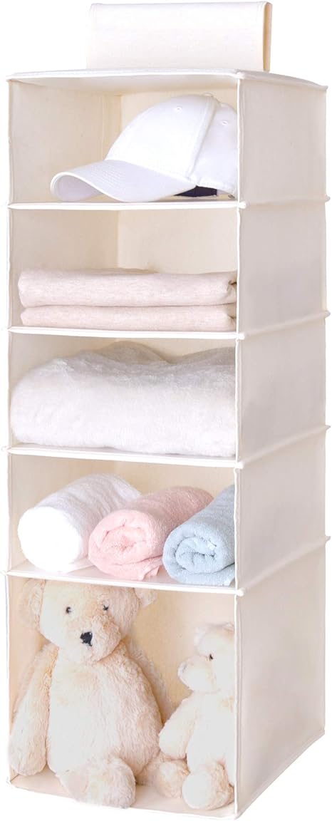 Amazon Storageworks 吊り下げ収納 クローゼット 衣類ラック 5段 綿麻 大容量 折りたたみ 吊るす 収納ラック ハンギングラック 丈夫 洋服 セーター ストール タオル 下着 カバン バッグ 家庭 着替え ナチュラル ベージュ クローゼット吊り下げ収納 オンライン通販