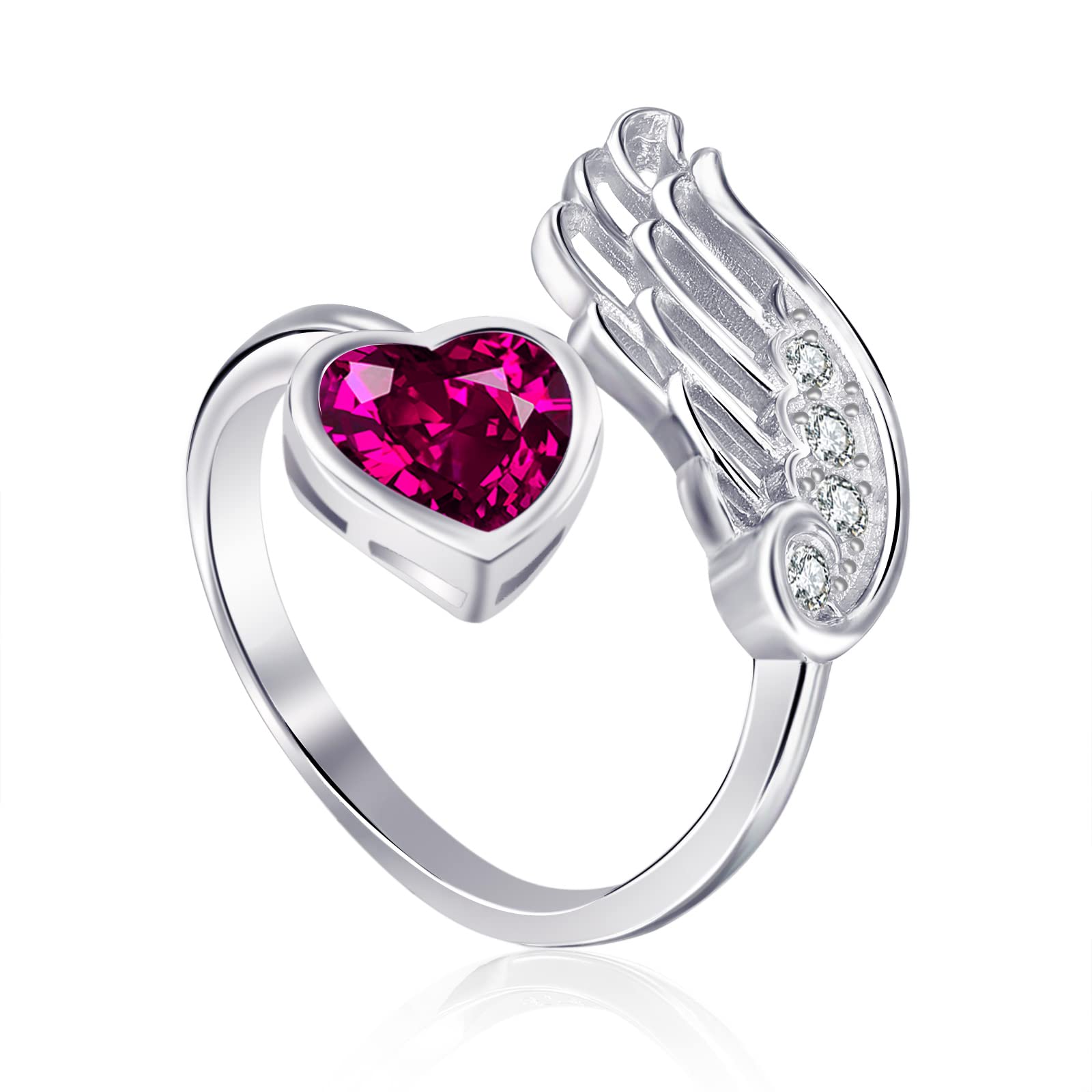 Qings Ruby Birthstone Ring Sterling Silver Feather Guardian Angel Wing Adjustable Open Rings Red Heart Gemstone Birthstone Promise Rings for Girlfriend July Birth Stones Christmas Jewellery Gifts