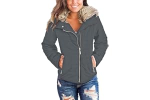 Vetinee Women Casual Faux Fur Lapel Zip Pockets Quilted Parka Jacket Puffer Coat