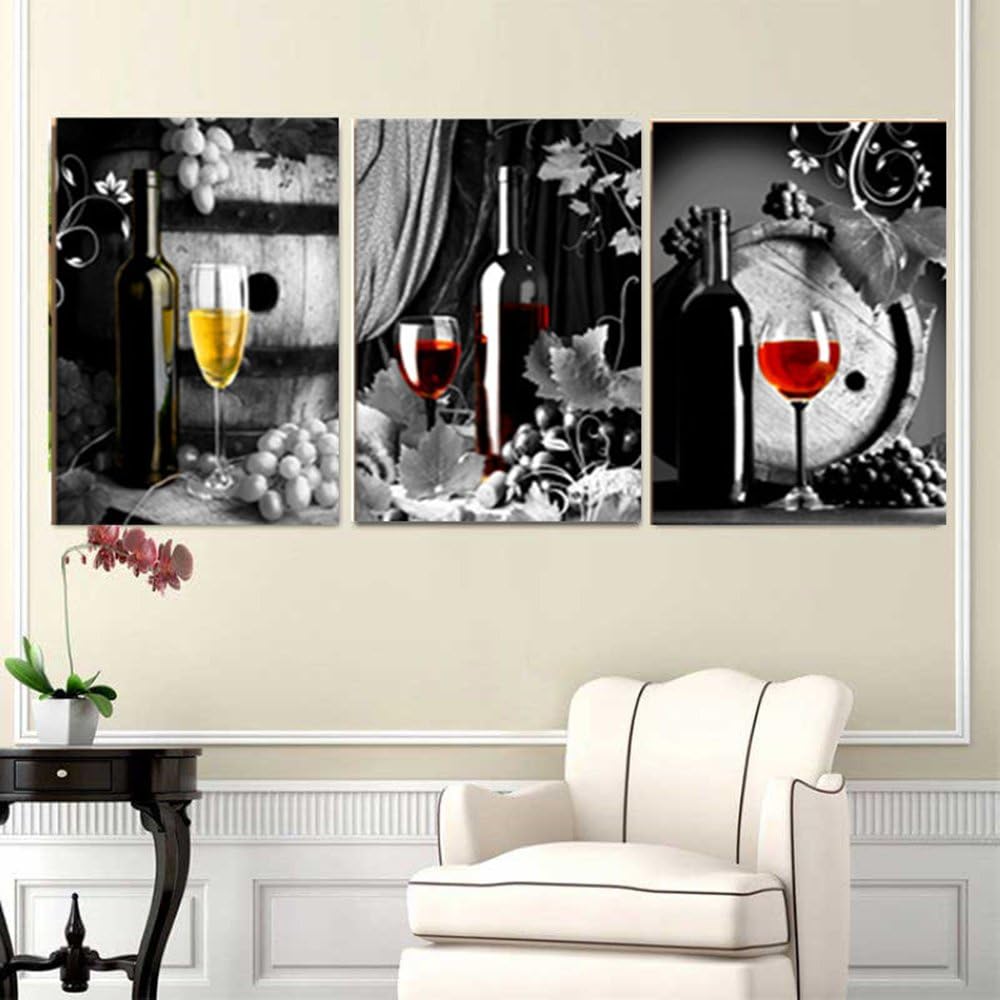 3 Piece Black And White Modern Abstract Unframed Oil Paintings on Canvas Wine Glasses Pictures Wall Art for Home Decoration