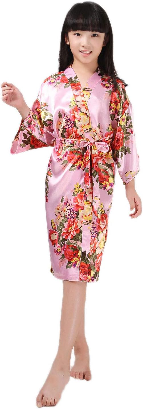 Girls Satin Kimono Flower Robe Bathrobe Nightwear for Spa Wedding Dressing Gown