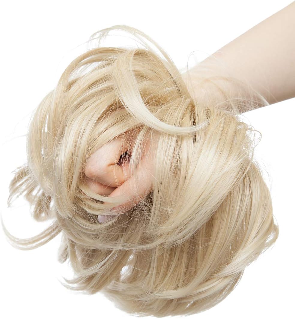 Tousled Updo Messy Bun Hair Piece Hair Extension Ponytail With Elastic Rubber Band Updo Extensions Synthetic Hair Extensions Scrunchies Ponytail Hairpiece for Women Ash Blonde to Bleach Blonde - Image 4