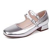 Elerhythm Women's Mary Jane Square Closed Toe Casual with Double Ankle Strap Dressy Flats Chunky Block Low Heel Elegantes Comfortable Soft Cute Shoes