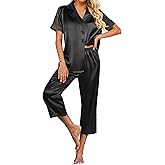 Ekouaer Womens Satin Pajamas Silk Capri Pjs 2 Piece Lounge Sets Short Sleeve Button Down Sleepwear