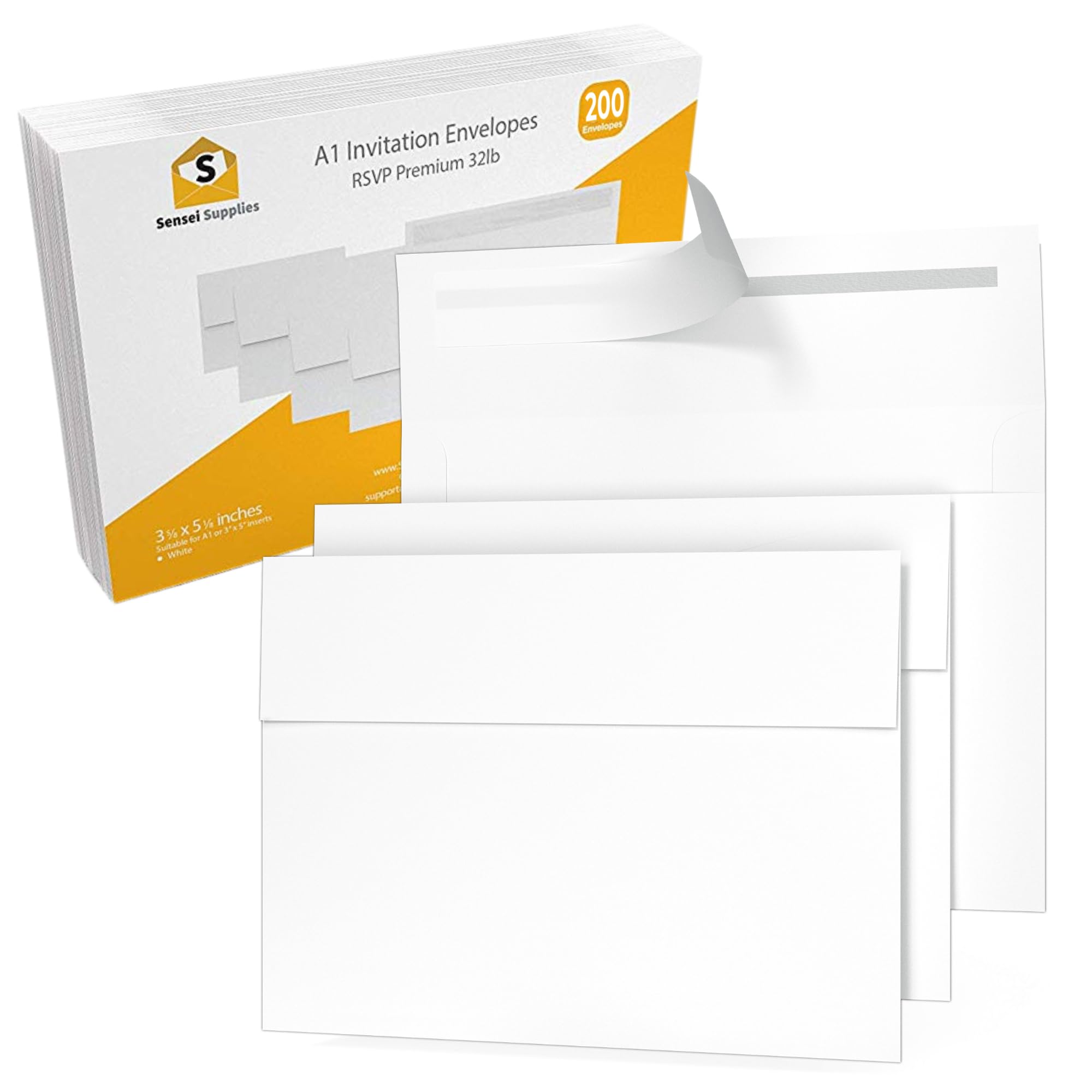 Photo 1 of 200 3 ? x 5 ? White RSVP Small Envelopes - A1 - For Weddings Response Cards, Baby Showers, Thank You Notes, Photos and any 3” x 5” inserts - W/Peel, Press & Self Seal - Square Flap