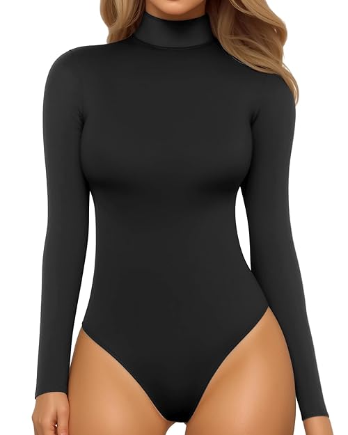 MANGOPOP Women's Mock Turtle Neck Long Sleeve Tops Bodysuit Jumpsuit