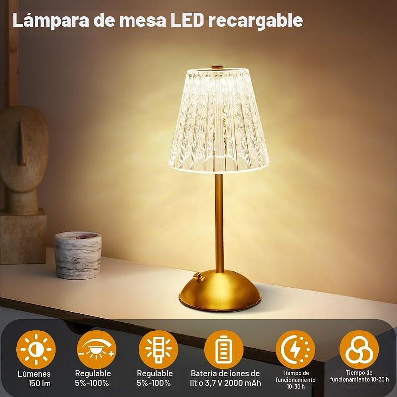 Lampara Inalambrica, 2000mAh Lampara Recargable con USB-C, 3 Temperaturas de Color Toca Cristal Lampara de Mesa, Lámpara de Mesa Inalámbrica para Dormitorio, Cafetería, Bar, Cena (Oro)