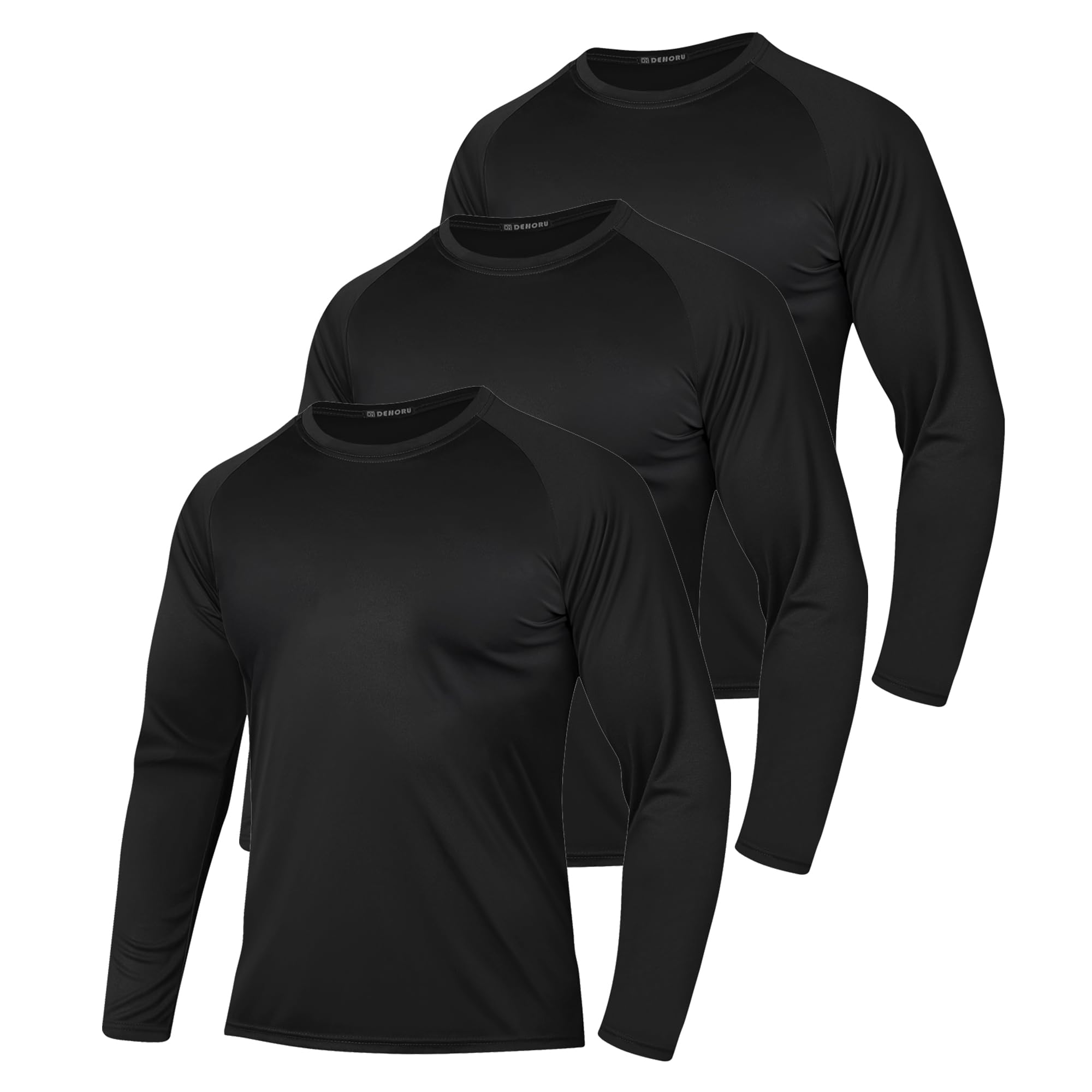 Photo 1 of **Only One** DEHORU 3 Pack Men's Shirts Workout Long Sleeve Muscle T-Shirts Crew Neck Moisture Wicking Performance Quick Dry Gym Athletic Top Dry Fit Running Clothing (BKBKBK L) Black Black Black