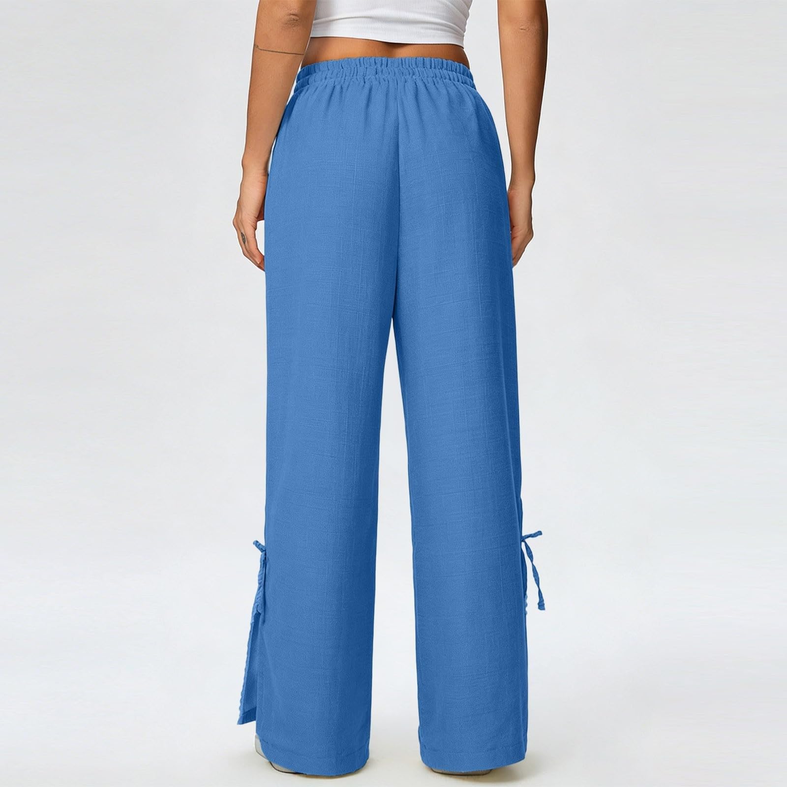 Womens Cotton Linen Palazzo Pants Casual Wide Leg Lace Side Slits Slacks Loose Gauze Beach Vacation Clothes Linen Outfits Women Sky Blue