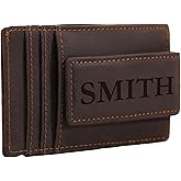 Personalized Leather Magnetic Money Clip Credit Card Wallet Custom Laser Engraved Slim Front Pocket Card Holder for Men RFID Blocking Minimalist Gift for Him Father's Day Groomsmen ID Window