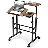 Tangkula Mobile Stand Up Desk, Height Adjustable Home Office Desk with Standing & Seating 2 Modes, Tilting Tabletop & Flexible Wheels, Rolling Laptop Cart Sit Stand Desk (Walnut)