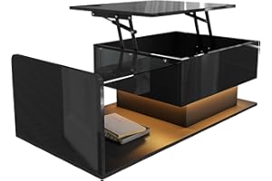 Merax Lift Top High-Gloss Coffee Table with Hidden Storage Space & LED Light & Glass Tabletop, Modern Center Table for Living