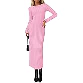 PRETTYGARDEN Womens Sweater Dress Spring 2026 Casual Boat Neck Long Sleeve Pullover Ribbed Knit Bodycon Maxi Sweater Dresses
