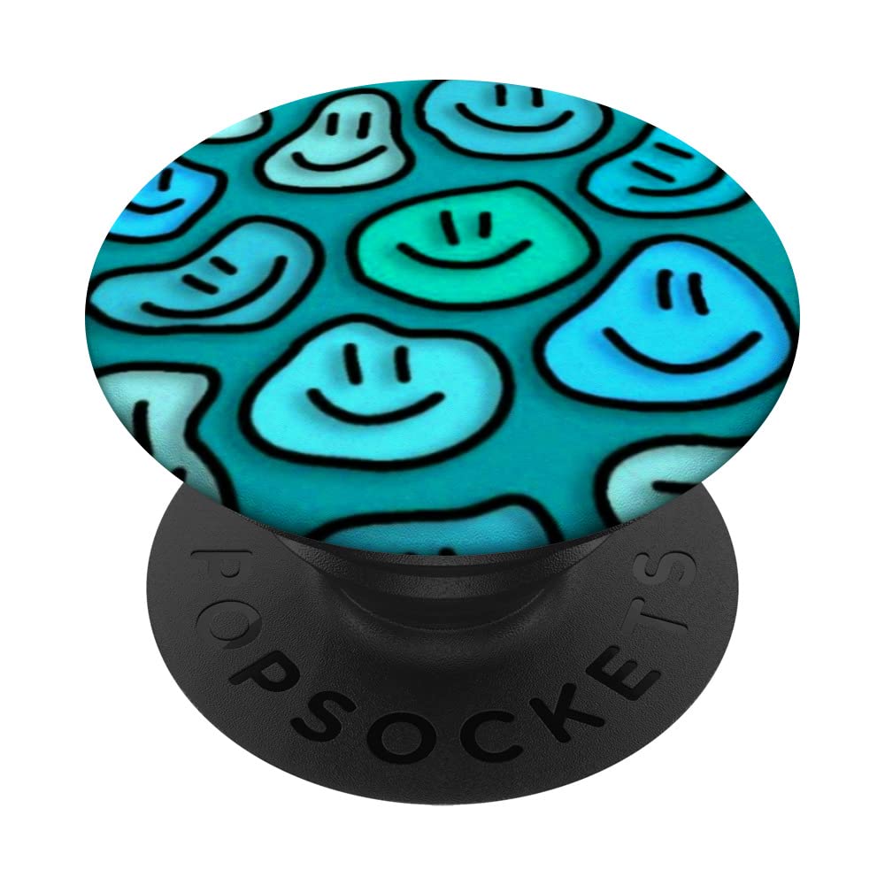 Teal Warped Happy Face Retro Indie Kidcore Aesthetic Cute PopSockets Swappable PopGrip