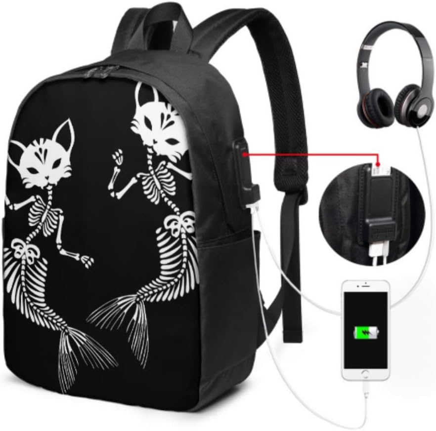 Fashion Daypack Skeletons Cats Mermaids Dancing Purrmaid Cat School Bags with USB Charging Port and Headphone Port for College Work Travel