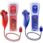 Wii Remote Controller Motion Plus 2 Pack with Silicone Case and Wrist Strap - Remote Controller for Wii U with Built in Motion Plus (Clear Red and Clear Blue)