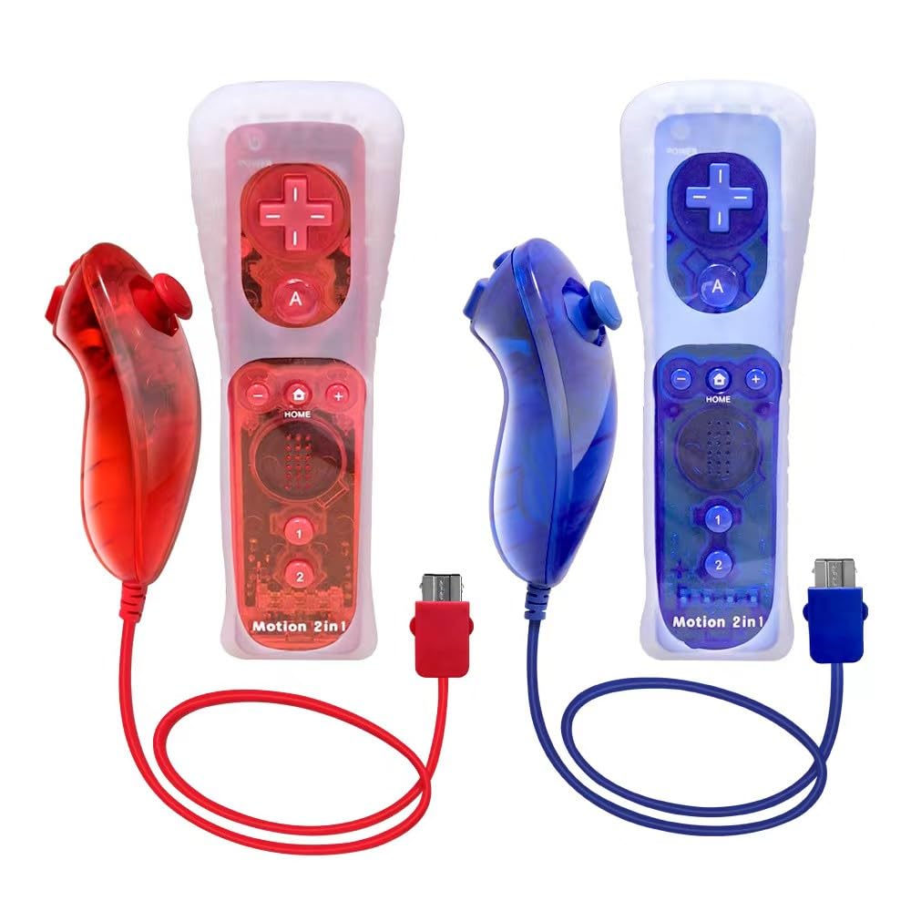 Wii Remote Controller Motion Plus 2 Pack with Silicone Case and Wrist Strap - Remote Controller for Wii U with Built in Motion Plus (Clear Red and Clear Blue)