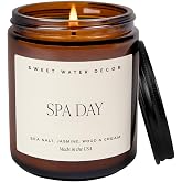 Sweet Water Decor Spa Day Soy Candle, Non-Toxic Wax, 9oz Amber Glass Jar | Sea Salt, Jasmine, Wood &amp; Cream Scented Soy Candle for Bathroom &amp; Home, Relaxing Spa Fragrance, 40+ Hour Burn Time