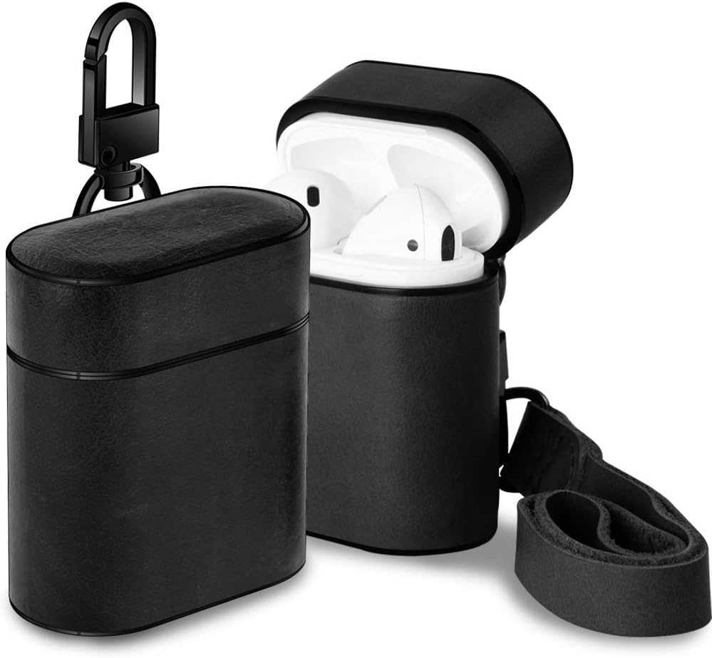 Market affairs Genuine Leather Plastic Skin Portable Protective Cover with Metal Clasp and Leather Lanyard Compatible with Apple AirPods Charging Case (Black)