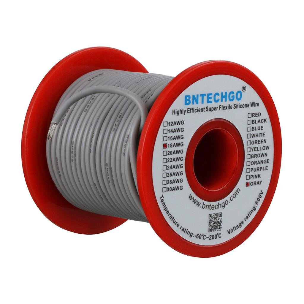 BNTECHGO 18 Gauge Silicone Wire Spool Gray 100 ft Ultra Flexible High Temp 200 deg C 600V 18 AWG Silicone Rubber Wire 150 Strands of Tinned Copper Wire Stranded Wire for Model Low Impedance — image 1