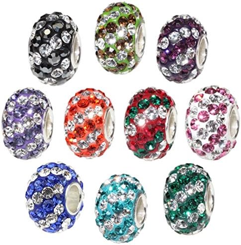 Silver Birthstone Bling Bead CZ Swarovski Crystal Charm Sterling Beads Fits EvesErose, Pandora, &amp; Similar Charm Bracelets (Emerald &amp; White)