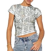 BAIGRAM Women Camo Shirt Short Sleeve Fitted Maple Leaf Print Crop Tops Cute Graphic Tees Vintage Y2K Going Out Summer