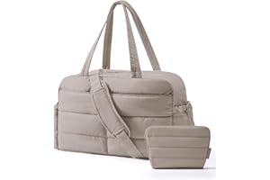 BAGSMART Gym Bag for Women, Lightweight Puffer Duffle Bag 2-PC Travel Bag, 31L Weekender Overnight Bag Quilted Carry On Tote Bag, Diaper Hospital Dance bag for Travel, Gym, Water Resistant, Camel