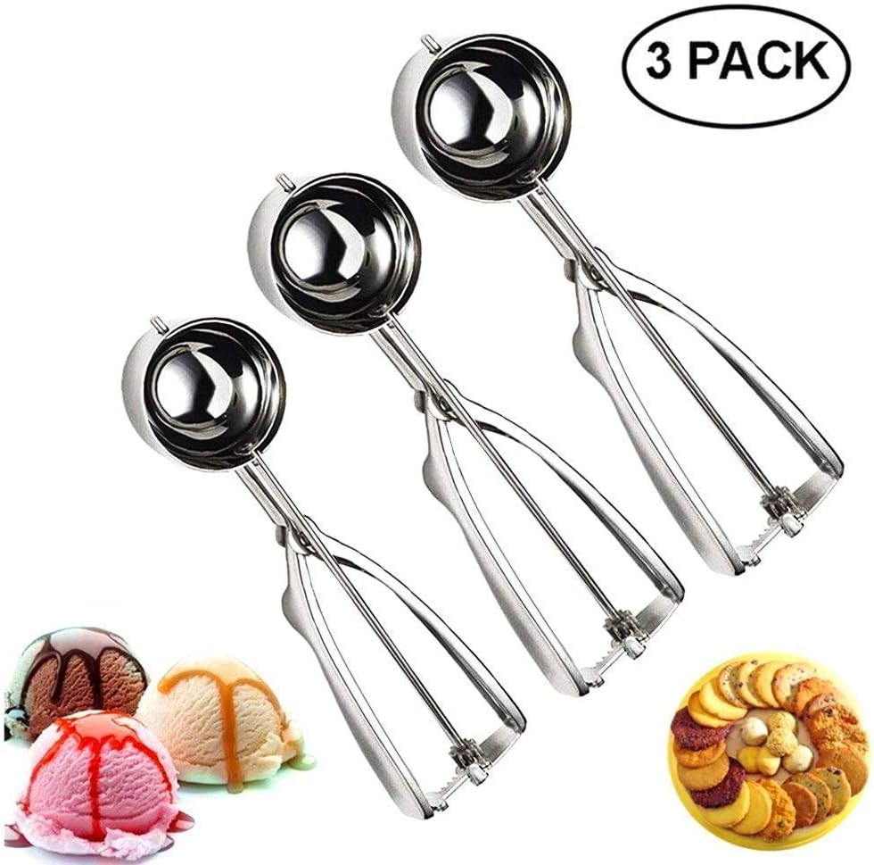 Cookie Scoop Set,UPZHIJI Ice Cream Scoop Set, 3 PCS Stainless Steel Ice Cream Scoop Trigger Include Small Size（1.58 inch）, Medium Size (1.97 inch),Large Size (2.37 inch), Melon Scoop (Cookie Scoop)