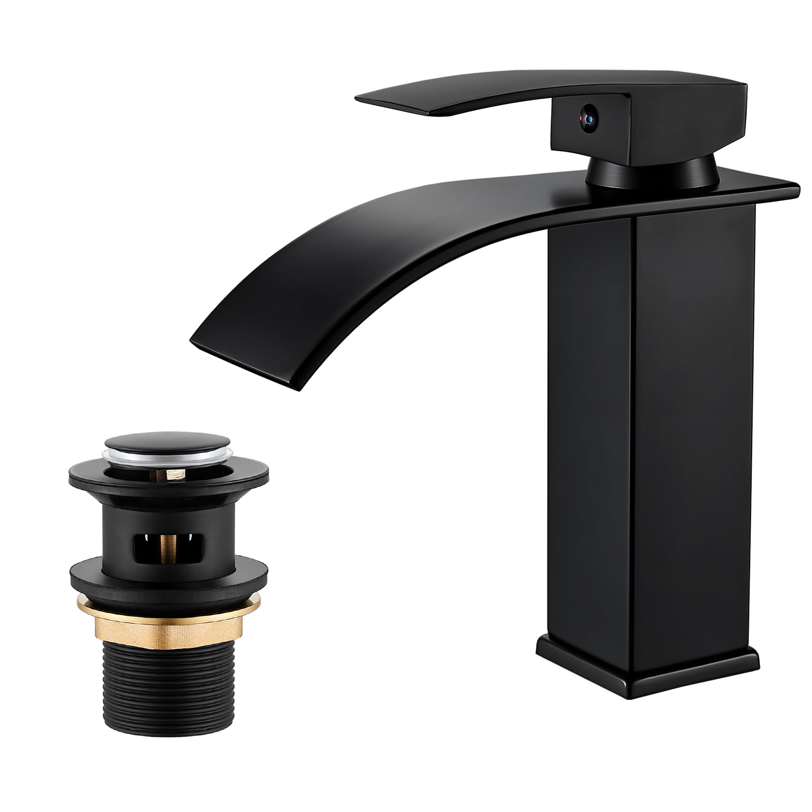 Basin Mixer Taps Waterfall Black Sink Tap with Slotted Pop-up Waste, Modern Countertop Bathroom Sink Mixer Faucet Black Matte, Single Lever Cloakroom Faucet with G1/2 UK Standard Hoses