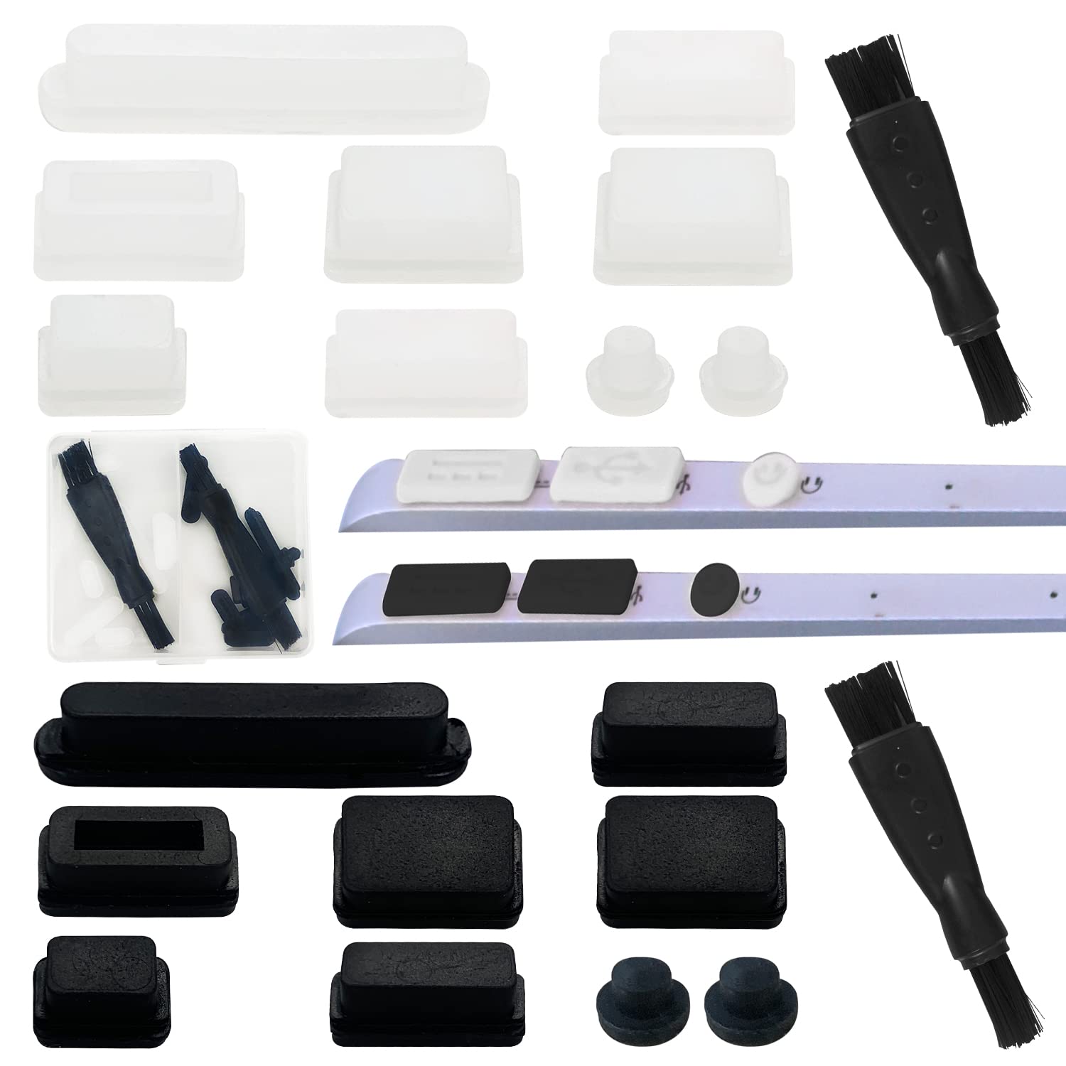 18PCS Dust Plugs Set Compatible with MacBook Pro 13 Inch 15 Inch Laptop Port Silicone Protection Anti Dust Plugs Caps Covers,With two Brushes and a Clear Box（ Black，transparent)