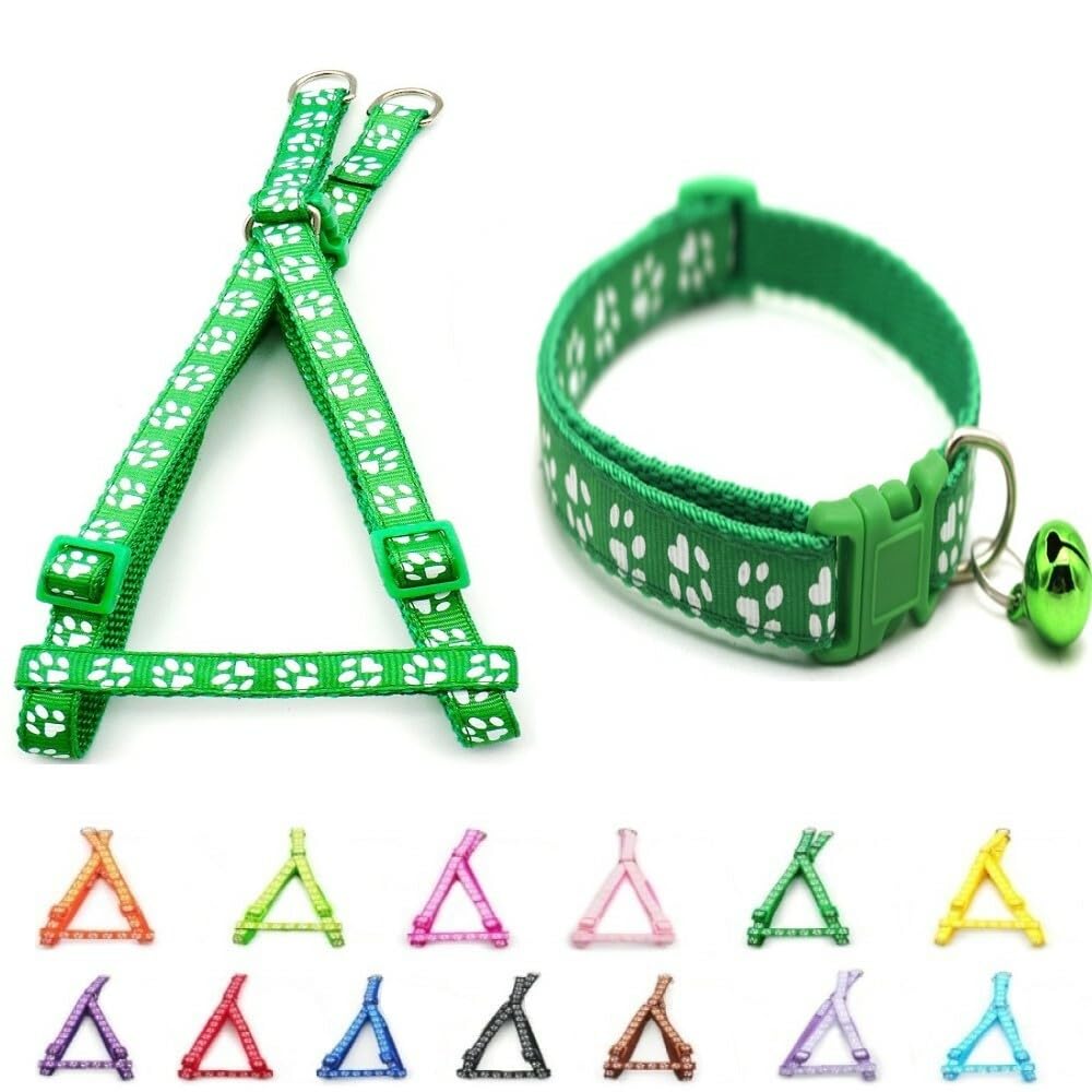Small Dog Puppy Pet Collar and Harness Set Pawprint Design Nylon Adjustable Neck Size 19-32cm and Chest Size 21-34cm Green