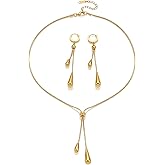 RINHOO FRIENDSHIP Gold Plated Teardrop Jewelry Set for Women - Hypoallergenic Adjustable Lariat Necklace & Earrings - Minimalist Elegant Gift for Birthday Valentine's Day Daily Wear