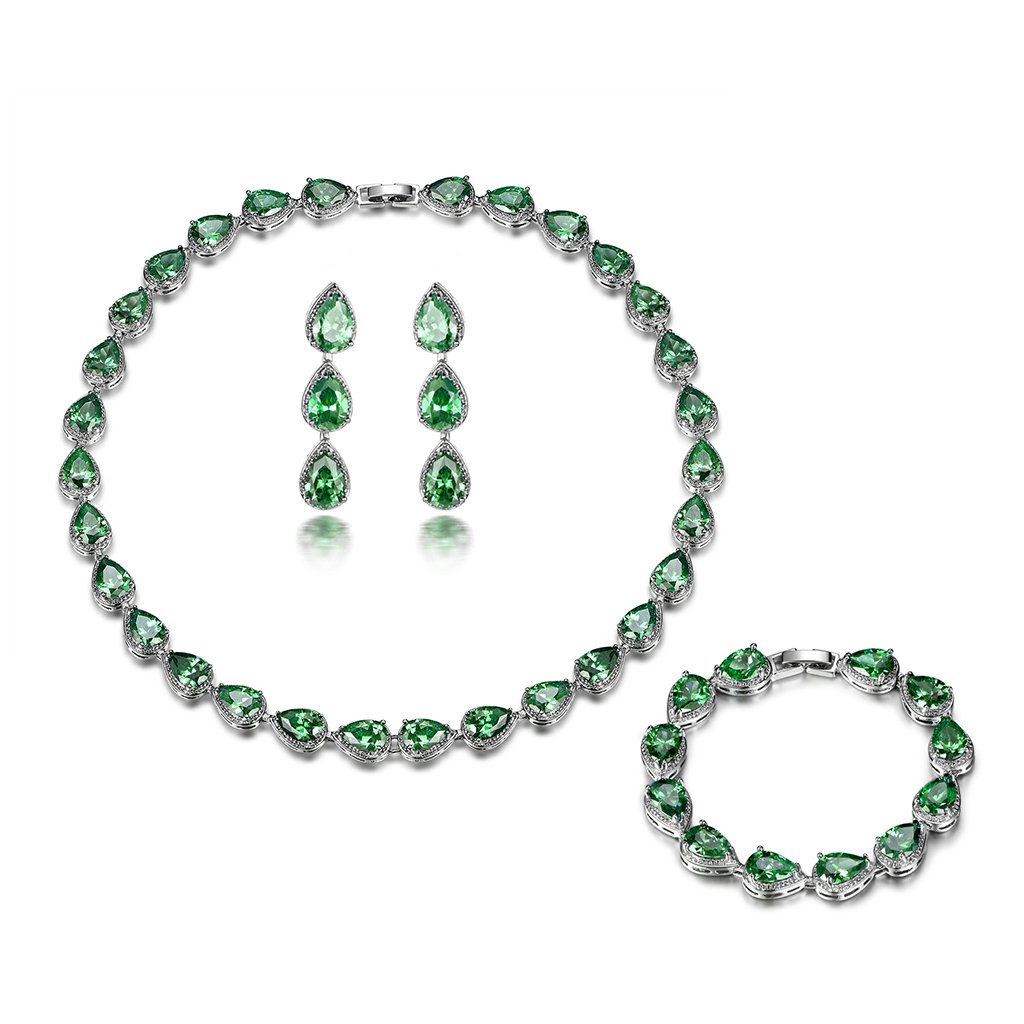 GULICX Green Teardrop Party Drop Earrings Cubic Zirconia CZ Silver Tone Emerald Tennis Bracelet Jewellery Set Earrings and Necklace Gift for Women