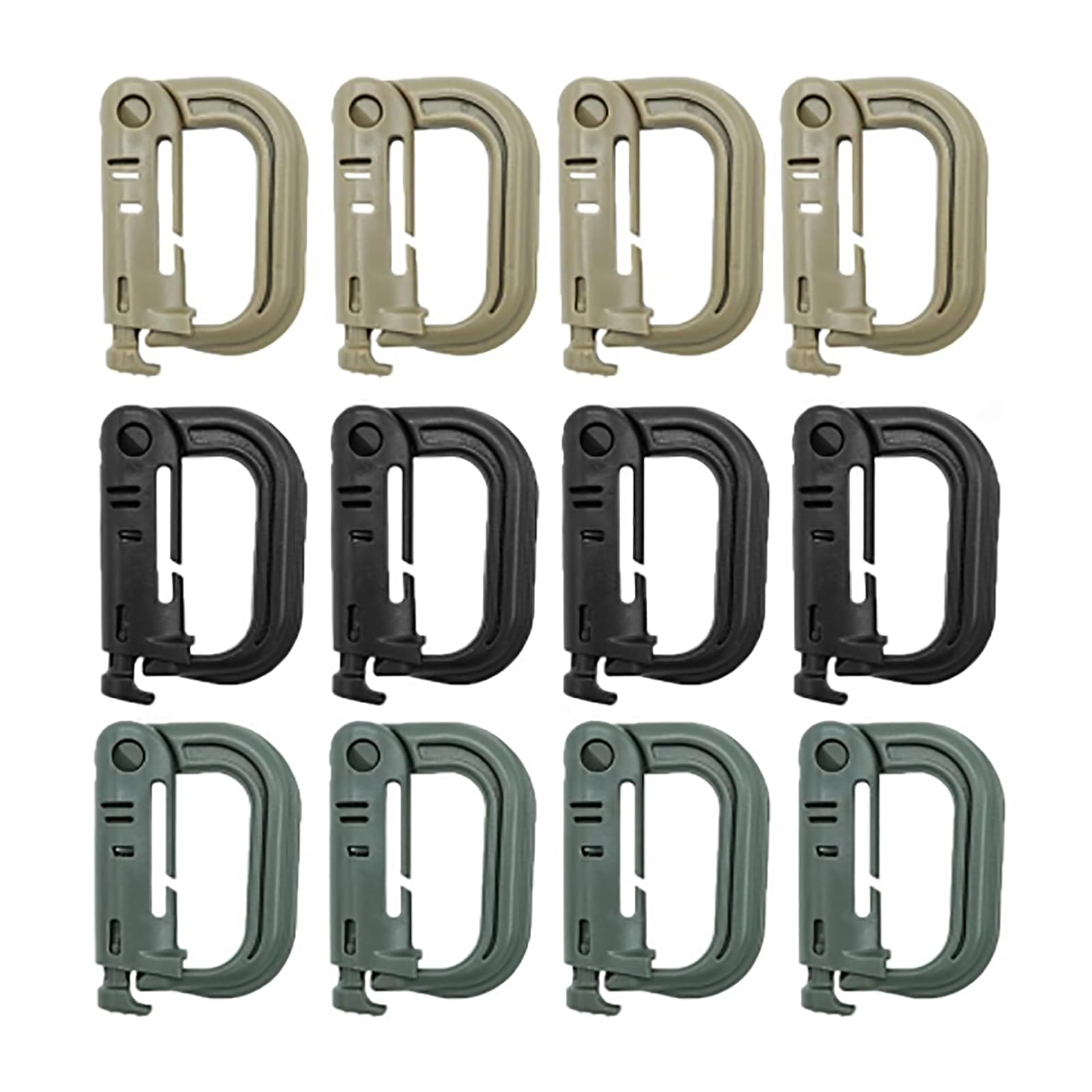 RUIENGCOMM12PCS Tactical Carabiner Grimloc Molle Khaki Army Green Black Carabiner Clips Outdoor Snap Hook Keychain for Camping Fishing Hiking or Travel Hang Anything