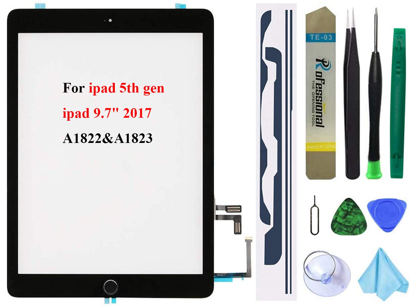 Photo 1 of Dedyel Black Touch Screen Replacement for iPad 5 2017 9.7 inch, A1822 A1823 Digitizer Replacement with Home Button + Pre-Installed Adhesive + Tool kits