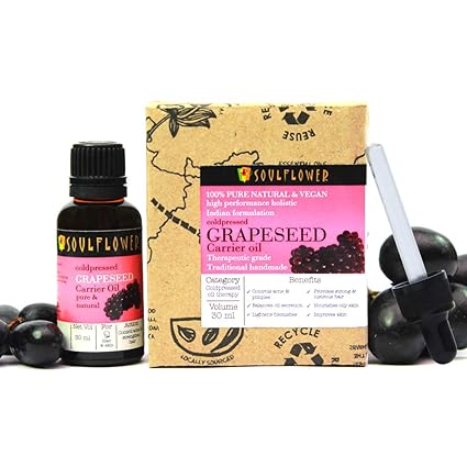 Soulflower Grapeseed Oil for Skin Tightening, Balancing Oily Skin & Acne 30ml 100% Pure, Natural and Coldpressed