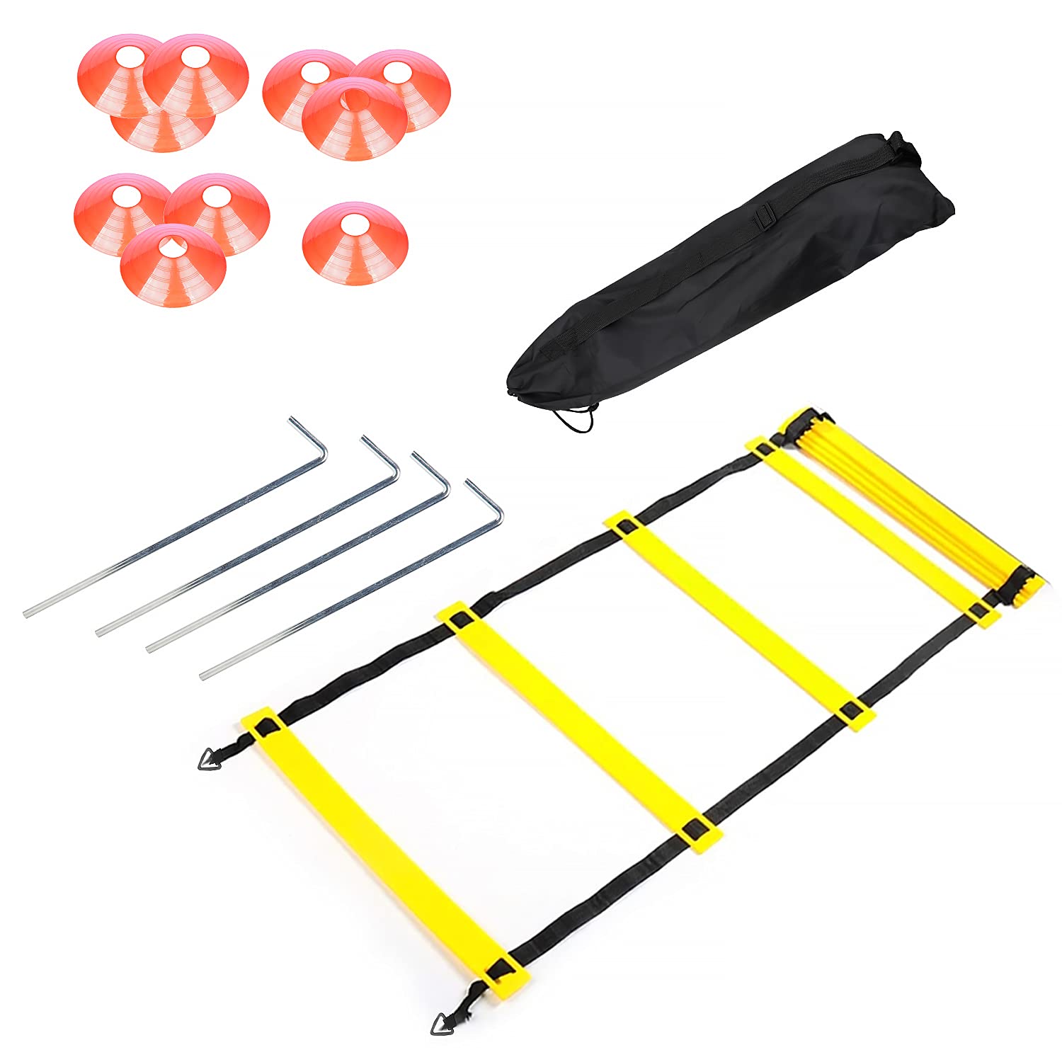 AMIGOB Football Speed & Agility Training Set (4 PCS) with 8M Coordination Ladder and Cone, Metal Nails & Carrying Case, Sports Armband, for Agility Training, Soccer, Fitness