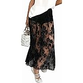 Perbai Women's Sexy Sheer Lace Skirt High Waisted Floral Embroidered Ruffled A Line Long Maxi Beach Skirts