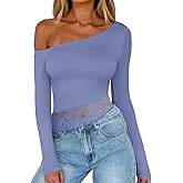 REORIA Womens Long Sleeve Crop Tops Double Lined Lace Off The Shoulder Tops Regular Fitted Shirts Y2k Trendy Going Out Tops