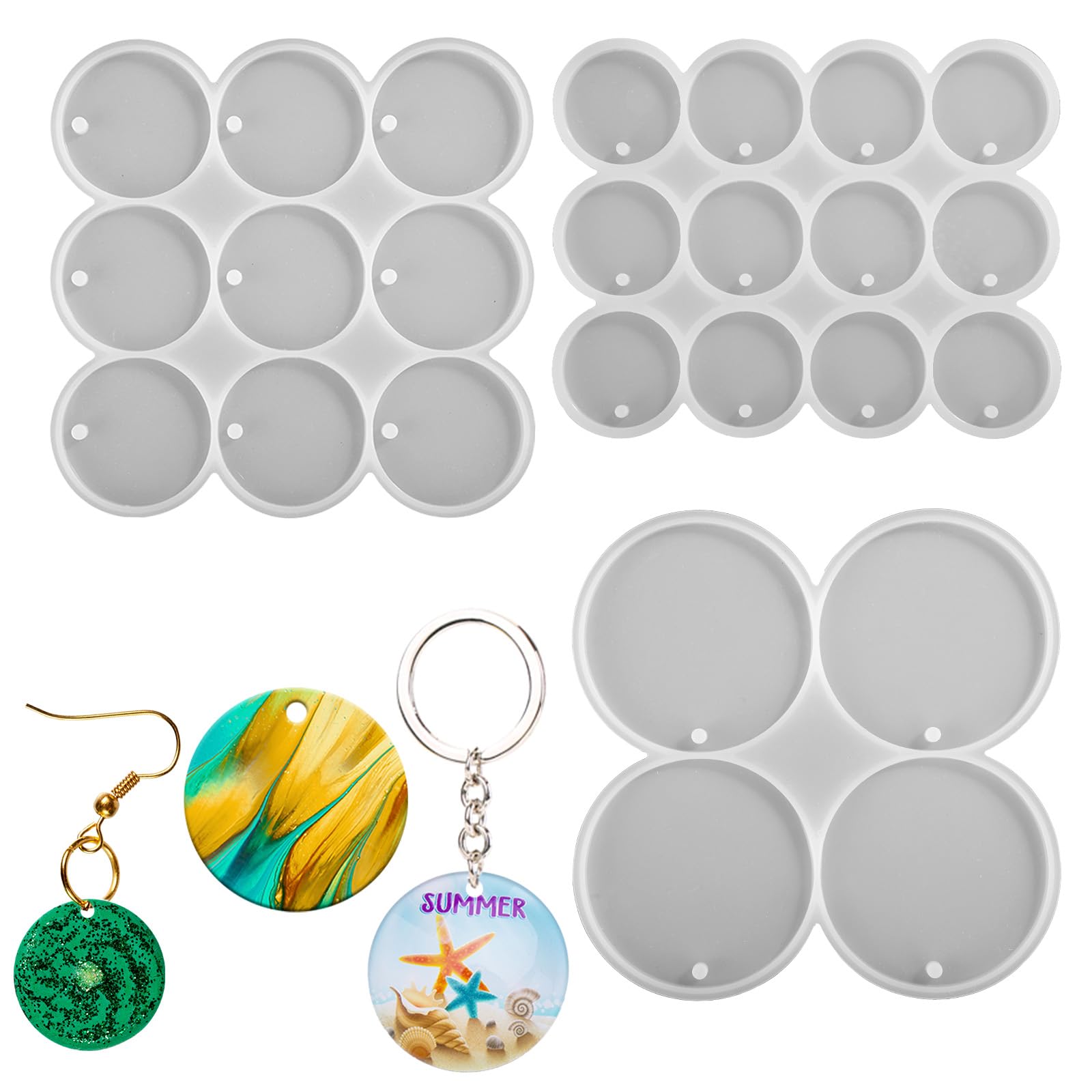 3pcs Round Silicone Keychain Mold Circle Template, 3 Sizes Resin Mould with Hole Silicone Earring Stencil Round Casting Stencil for Earrings Pendants Making