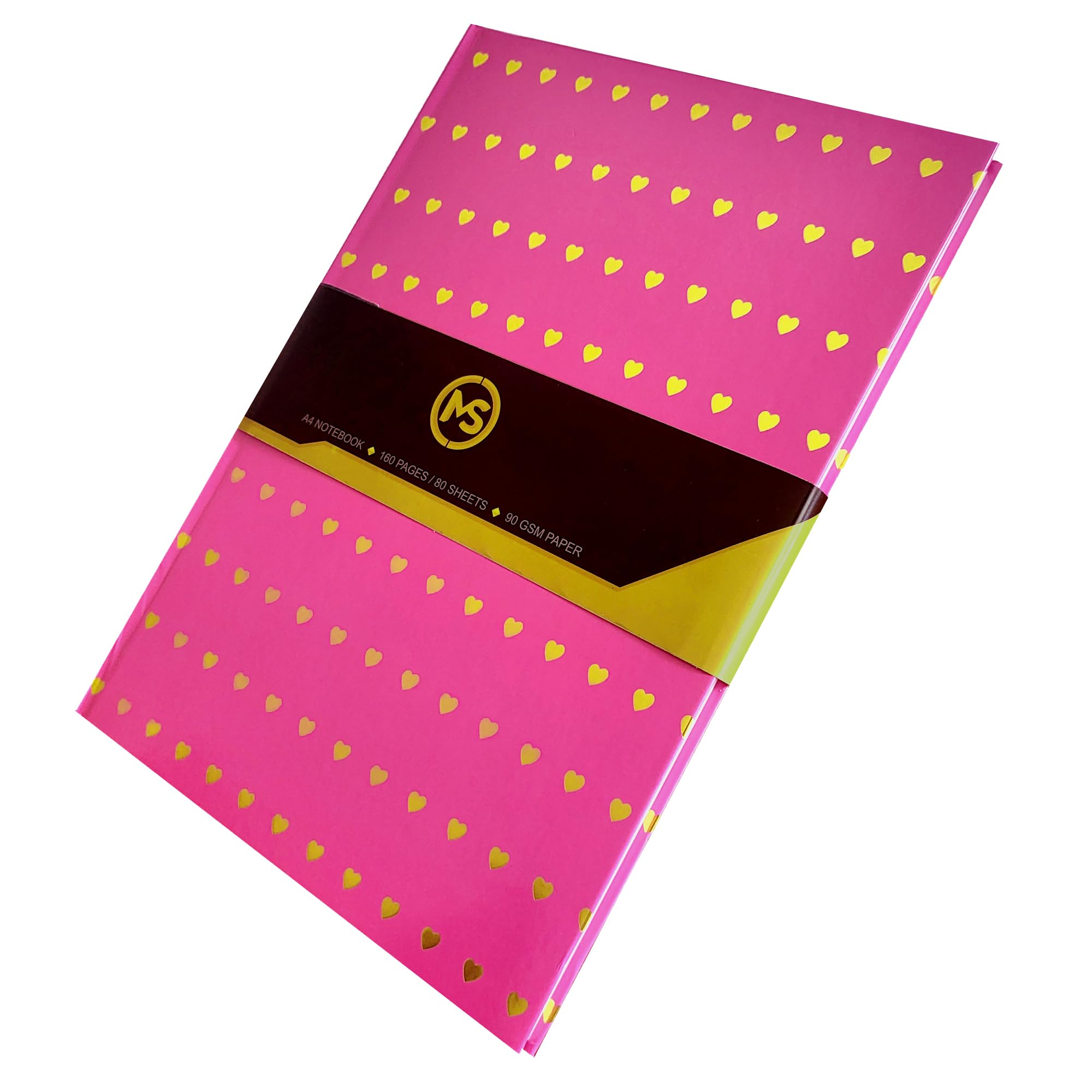 MS MY STATIONERY A4 Notebook Gold Heart Design Hardback Cover 160 Pages (80 Sheets) 90gsm White Paper Ruled Note Book - Pink Cover