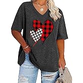 QIANRUO Plus Size Valentine's Day Shirt Women Retro Lover Heart Graphic Tees Casual Short Sleeve V-Neck Tops Blouse