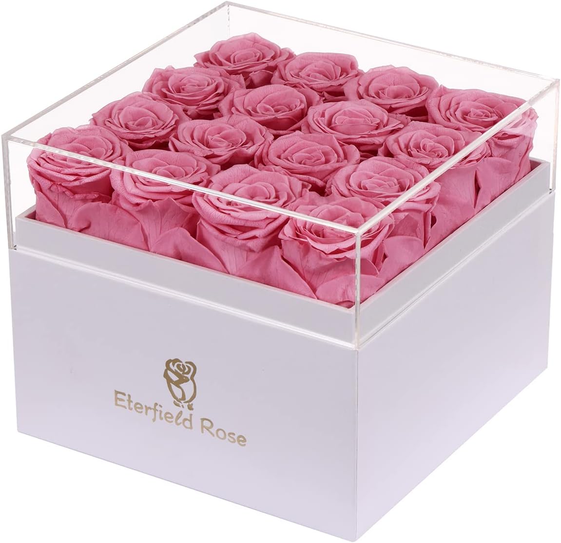 Dried & Preserved Flora - Eterfield Preserved Roses That Last a Year Eternal Rose in a Box Real Rose Without Fragrance Gift for Her (16 Pink Roses, Square White Box)