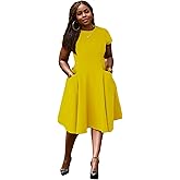 Women Casual A Line Midi Trendy Dress Elegant T-Shirt Swing Dresses Round Neck Short Sleeve Summer Sundress with Pockets